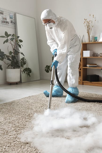 A person dressed in full protective equipment, including a white coverall, face mask, gloves, and shoe covers, is performing surface cleaning in a modern living room. They are using a vacuum cleaner to remove dust or debris from a beige textured carpet. The room features a light-colored wooden shelving unit with decorative items and books, a tall plant in a white pot, and a large mirror leaning against the wall. The space is well-lit with natural light, highlighting the cleanliness and tidy appearance of the room. This scene illustrates deep cleaning and sanitisation carried out by Stockwell Cleaners in a residential setting, emphasizing their professional domestic cleaning services.